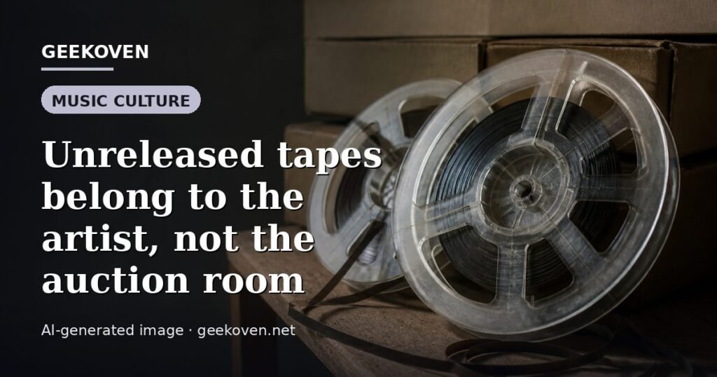 Illustration for the Music Culture article “Unreleased tapes belong to the artist, not the auction room”: an AI-generated editorial illustration showing a scene illustrating the subject of the article, with the headline set over it. Illustrative only, not a photograph of a real event.
