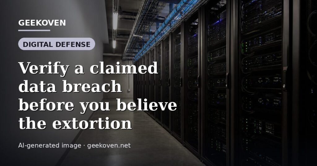 Illustration for the Digital Defense article “Verify a claimed data breach before you believe the extortion”: an AI-generated editorial illustration showing a scene illustrating the subject of the article, with the headline set over it. Illustrative only, not a photograph of a real event.