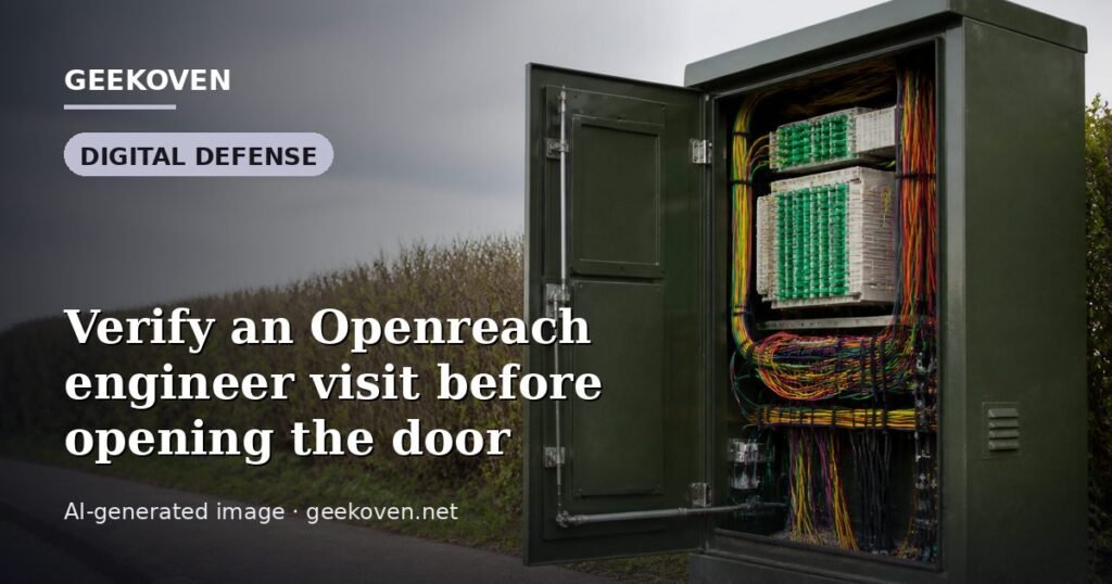 Illustration for the Digital Defense article “Verify an Openreach engineer visit before opening the door”: an AI-generated editorial illustration showing a scene illustrating the subject of the article, with the headline set over it. Illustrative only, not a photograph of a real event.