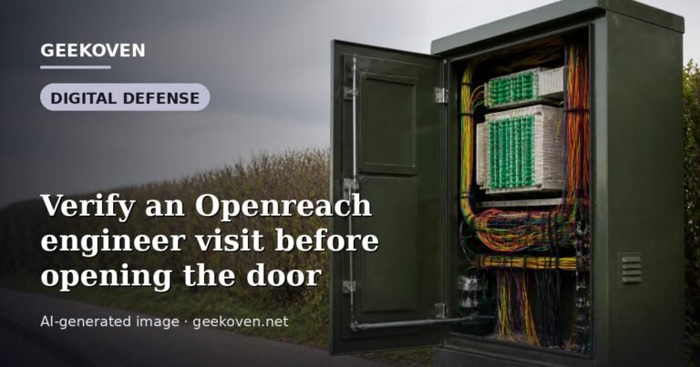 Illustration for the Digital Defense article “Verify an Openreach engineer visit before opening the door”: an AI-generated editorial illustration showing a scene illustrating the subject of the article, with the headline set over it. Illustrative only, not a photograph of a real event.