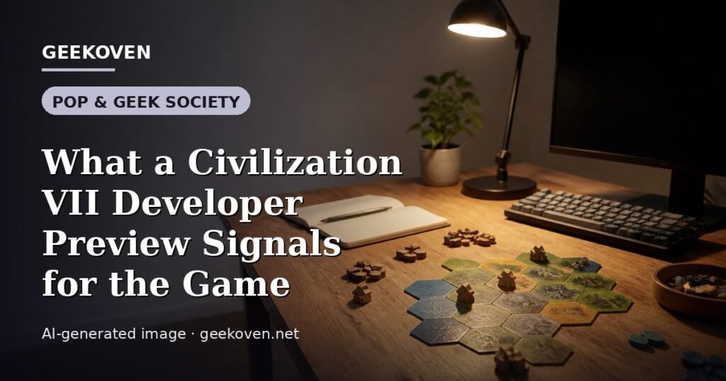 Illustration for the Pop & Geek Society article “What a Civilization VII Developer Preview Signals for the Game”: an AI-generated editorial illustration showing a scene illustrating the subject of the article, with the headline set over it. Illustrative only, not a photograph of a real event.