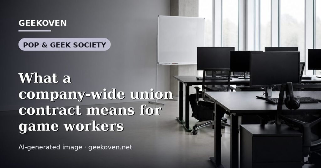 Illustration for the Pop & Geek Society article “What a company-wide union contract means for game workers”: an AI-generated editorial illustration showing a scene illustrating the subject of the article, with the headline set over it. Illustrative only, not a photograph of a real event.