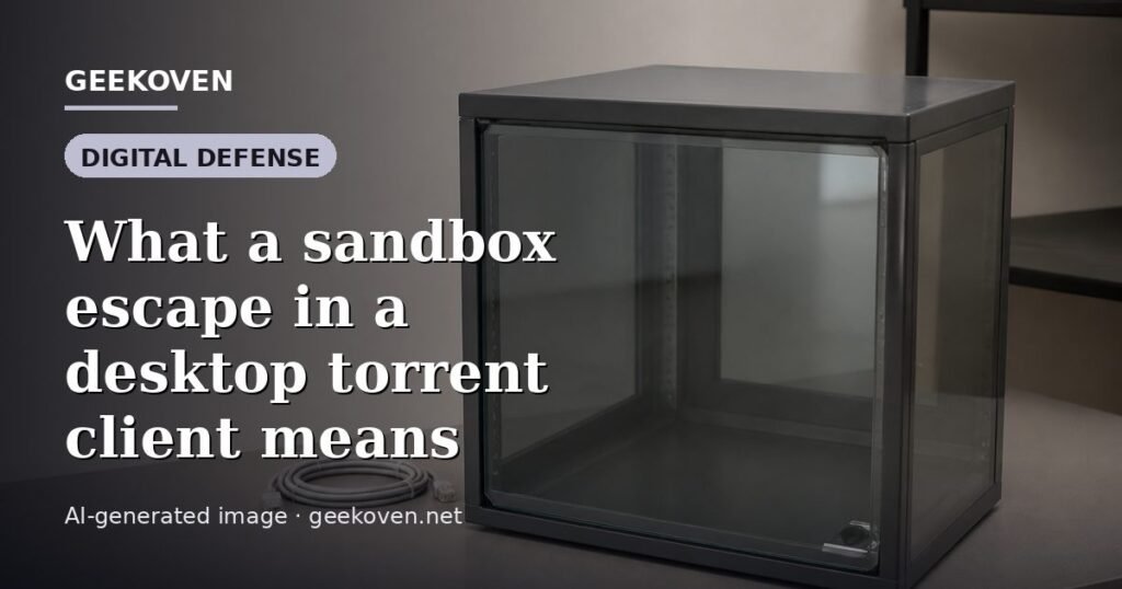 Illustration for the Digital Defense article “What a sandbox escape in a desktop torrent client means”: an AI-generated editorial illustration showing a scene illustrating the subject of the article, with the headline set over it. Illustrative only, not a photograph of a real event.