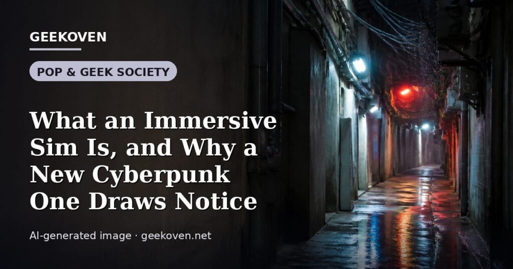 Illustration for the Pop & Geek Society article “What an Immersive Sim Is, and Why a New Cyberpunk One Draws Notice”: an AI-generated editorial illustration showing a studio workspace seen from above, with a production timeline across the wall, with the headline set over it. Illustrative only, not a photograph of a real event.