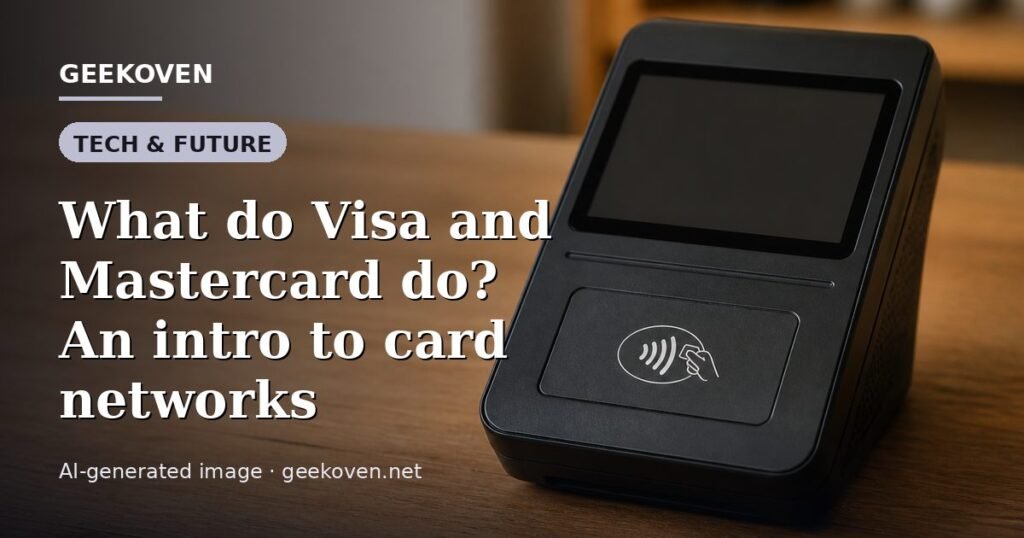 Illustration for the Tech & Future article “What do Visa and Mastercard do? An intro to card networks”: an AI-generated editorial illustration showing a scene illustrating the subject of the article, with the headline set over it. Illustrative only, not a photograph of a real event.