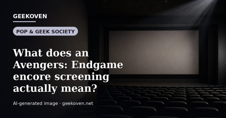 Illustration for the Pop & Geek Society article “What does an Avengers: Endgame encore screening actually mean?”: an AI-generated editorial illustration showing a stadium crowd seen from high above, lights arranged in coordinated patterns, with the headline set over it. Illustrative only, not a photograph of a real event.