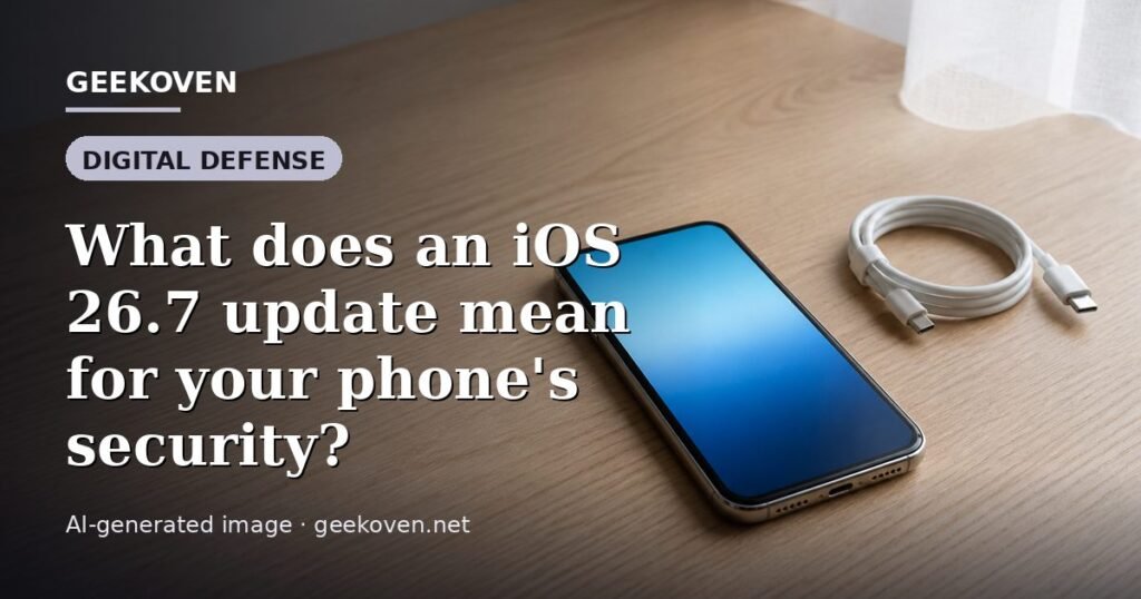 Illustration for the Digital Defense article “What does an iOS 26.7 update mean for your phone's security?”: an AI-generated editorial illustration showing a scene illustrating the subject of the article, with the headline set over it. Illustrative only, not a photograph of a real event.