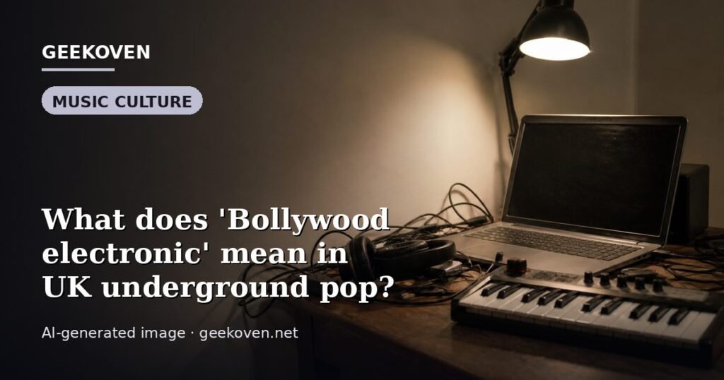 Illustration for the Music Culture article “What does 'Bollywood electronic' mean in UK underground pop?”: an AI-generated editorial illustration showing a scene illustrating the subject of the article, with the headline set over it. Illustrative only, not a photograph of a real event.