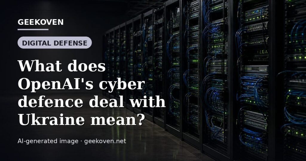 Illustration for the Digital Defense article “What does OpenAI's cyber defence deal with Ukraine mean?”: an AI-generated editorial illustration showing a scene illustrating the subject of the article, with the headline set over it. Illustrative only, not a photograph of a real event.