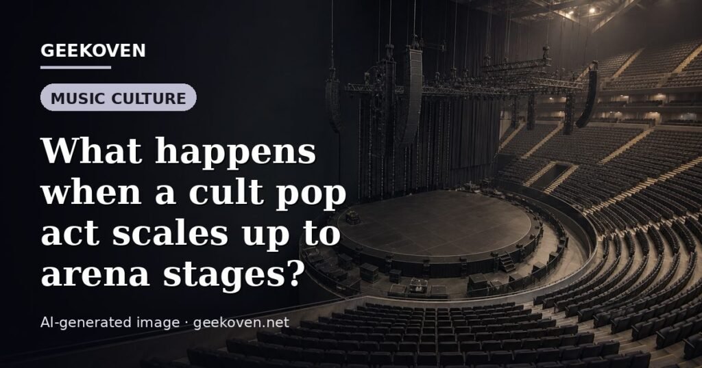 Illustration for the Music Culture article “What happens when a cult pop act scales up to arena stages?”: an AI-generated editorial illustration showing a stadium crowd seen from high above, lights arranged in coordinated patterns, with the headline set over it. Illustrative only, not a photograph of a real event.