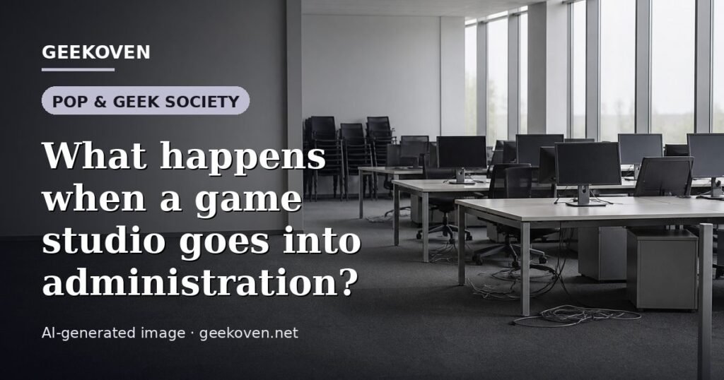 Illustration for the Pop & Geek Society article “What happens when a game studio goes into administration?”: an AI-generated editorial illustration showing a studio workspace seen from above, with a production timeline across the wall, with the headline set over it. Illustrative only, not a photograph of a real event.