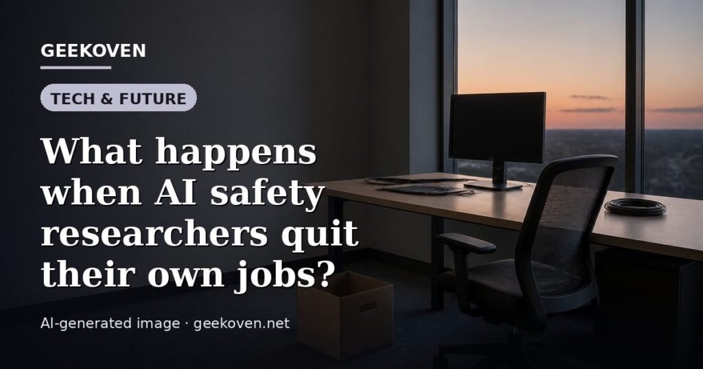 Illustration for the Tech & Future article “What happens when AI safety researchers quit their own jobs?”: an AI-generated editorial illustration showing a scene illustrating the subject of the article, with the headline set over it. Illustrative only, not a photograph of a real event.