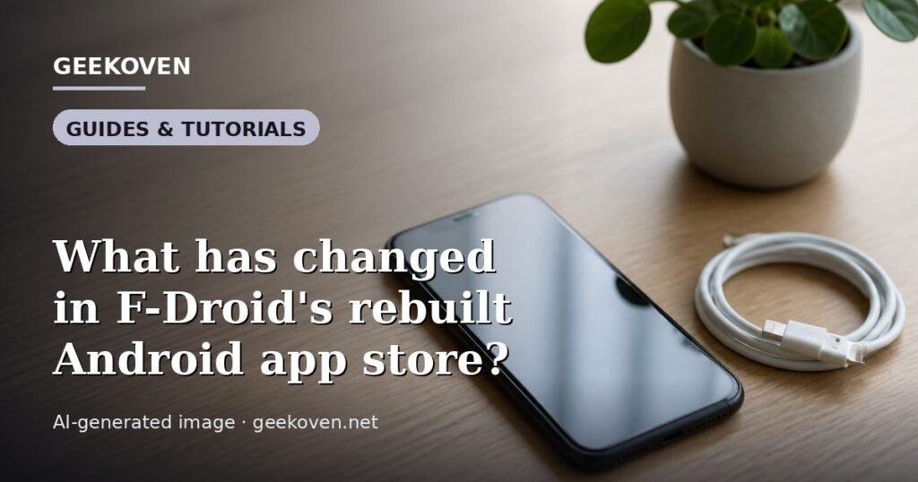 Illustration for the Guides & Tutorials article “What has changed in F-Droid's rebuilt Android app store?”: an AI-generated editorial illustration showing a scene illustrating the subject of the article, with the headline set over it. Illustrative only, not a photograph of a real event.