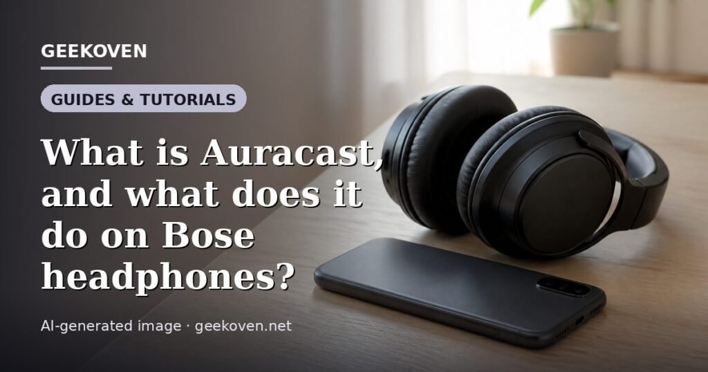 Illustration for the Guides & Tutorials article “What is Auracast, and what does it do on Bose headphones?”: an AI-generated editorial illustration showing a scene illustrating the subject of the article, with the headline set over it. Illustrative only, not a photograph of a real event.