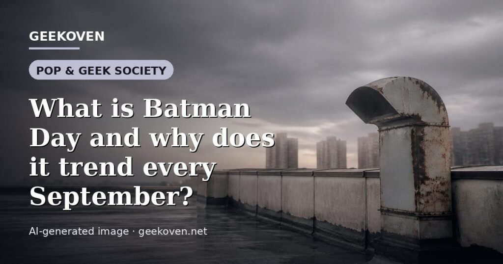 Illustration for the Pop & Geek Society article “What is Batman Day and why does it trend every September?”: an AI-generated editorial illustration showing a stadium crowd seen from high above, lights arranged in coordinated patterns, with the headline set over it. Illustrative only, not a photograph of a real event.