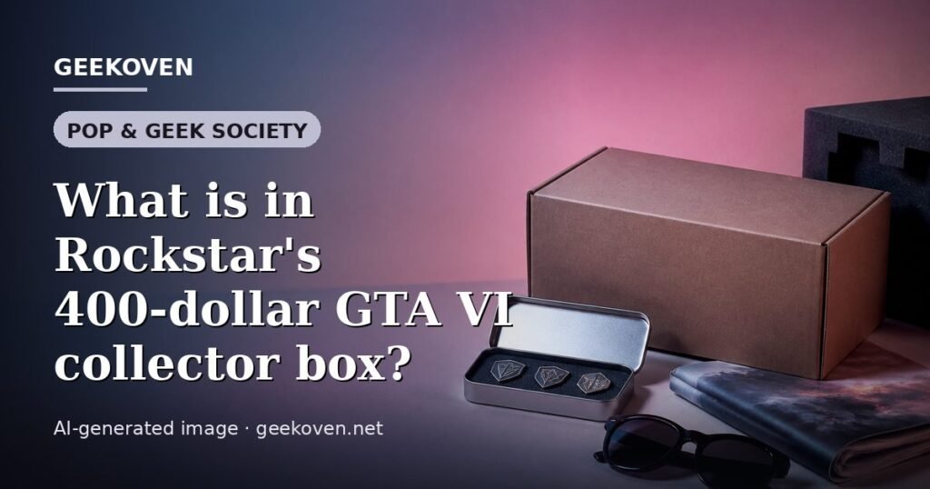 Illustration for the Pop & Geek Society article “What is in Rockstar's 400-dollar GTA VI collector box?”: an AI-generated editorial illustration showing a scene illustrating the subject of the article, with the headline set over it. Illustrative only, not a photograph of a real event.