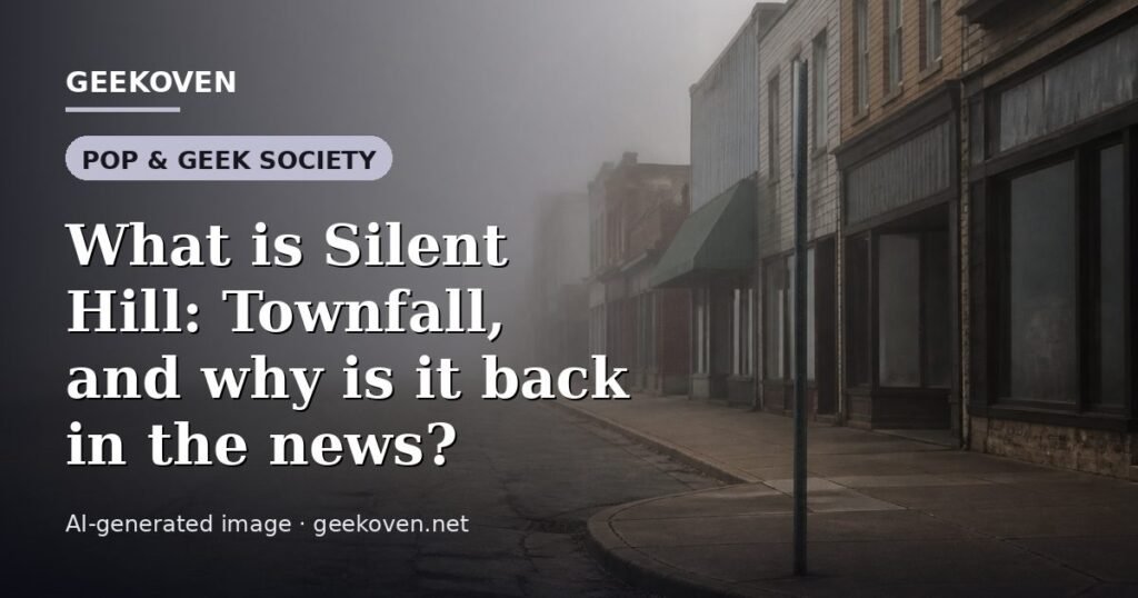 Illustration for the Pop & Geek Society article “What is Silent Hill: Townfall, and why is it back in the news?”: an AI-generated editorial illustration showing a studio workspace seen from above, with a production timeline across the wall, with the headline set over it. Illustrative only, not a photograph of a real event.