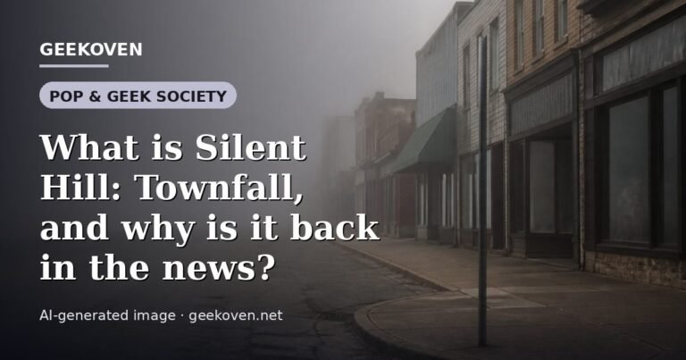 Illustration for the Pop & Geek Society article “What is Silent Hill: Townfall, and why is it back in the news?”: an AI-generated editorial illustration showing a studio workspace seen from above, with a production timeline across the wall, with the headline set over it. Illustrative only, not a photograph of a real event.