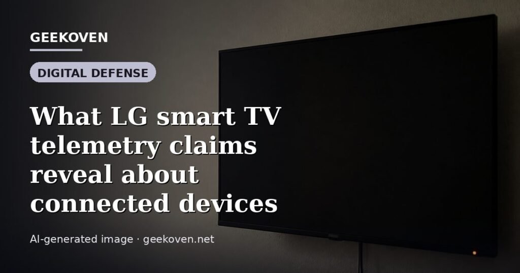 Illustration for the Digital Defense article “What LG smart TV telemetry claims reveal about connected devices”: an AI-generated editorial illustration showing a scene illustrating the subject of the article, with the headline set over it. Illustrative only, not a photograph of a real event.