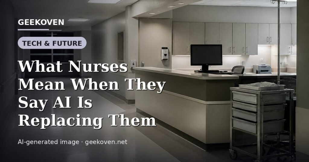 Illustration for the Tech & Future article “What Nurses Mean When They Say AI Is Replacing Them”: an AI-generated editorial illustration showing a scene illustrating the subject of the article, with the headline set over it. Illustrative only, not a photograph of a real event.
