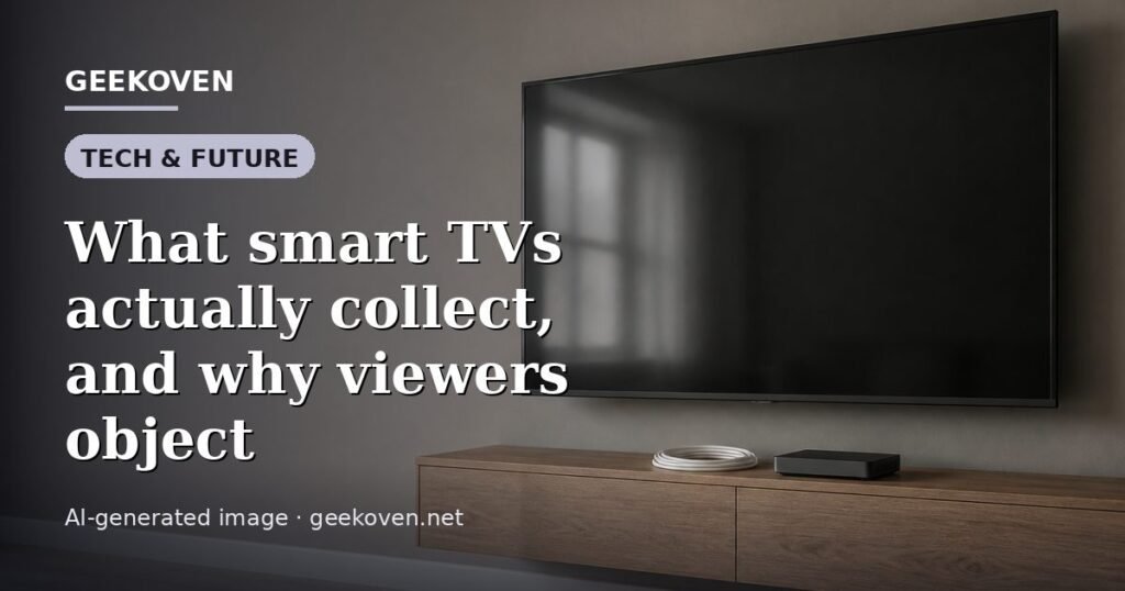 Illustration for the Tech & Future article “What smart TVs actually collect, and why viewers object”: an AI-generated editorial illustration showing a scene illustrating the subject of the article, with the headline set over it. Illustrative only, not a photograph of a real event.