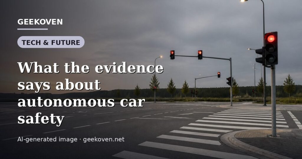 Illustration for the Tech & Future article “What the evidence says about autonomous car safety”: an AI-generated editorial illustration showing a scene illustrating the subject of the article, with the headline set over it. Illustrative only, not a photograph of a real event.