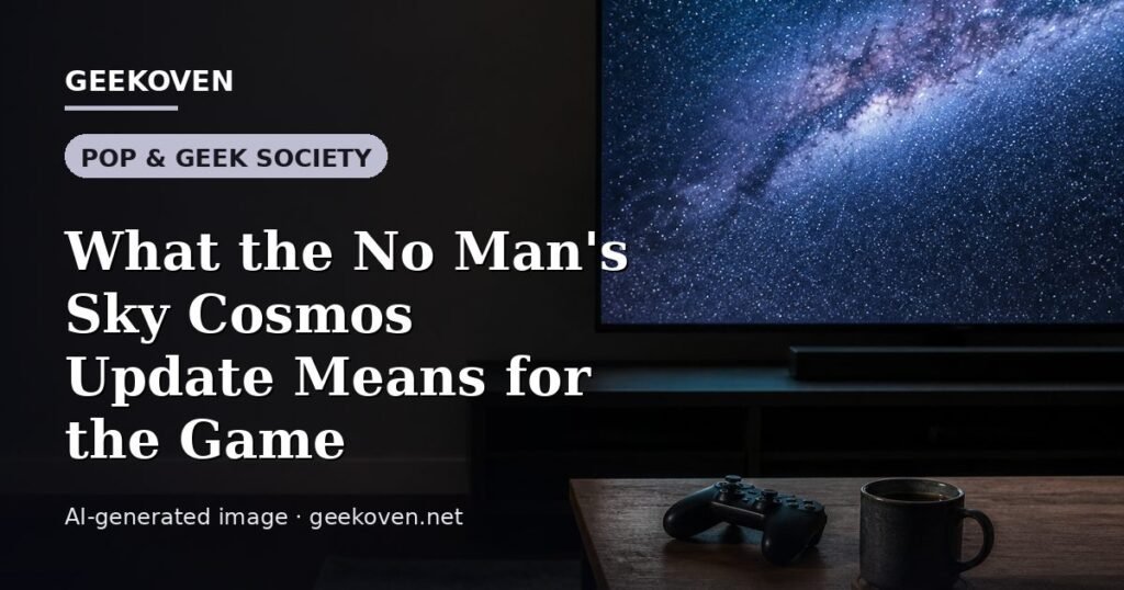 Illustration for the Pop & Geek Society article “What the No Man's Sky Cosmos Update Means for the Game”: an AI-generated editorial illustration showing a studio workspace seen from above, with a production timeline across the wall, with the headline set over it. Illustrative only, not a photograph of a real event.
