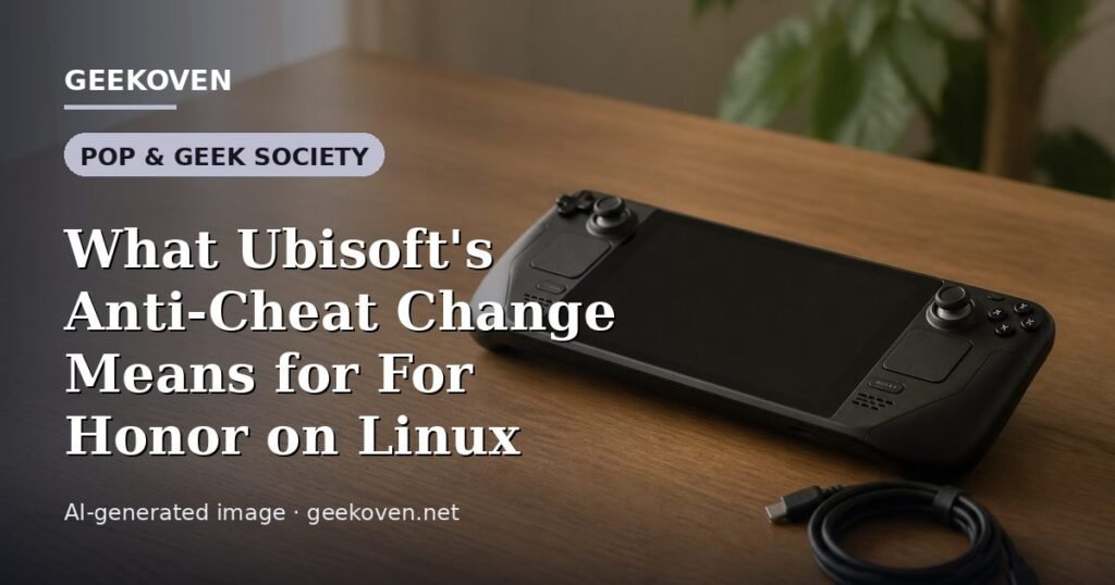 Illustration for the Pop & Geek Society article “What Ubisoft's Anti-Cheat Change Means for For Honor on Linux”: an AI-generated editorial illustration showing a scene illustrating the subject of the article, with the headline set over it. Illustrative only, not a photograph of a real event.