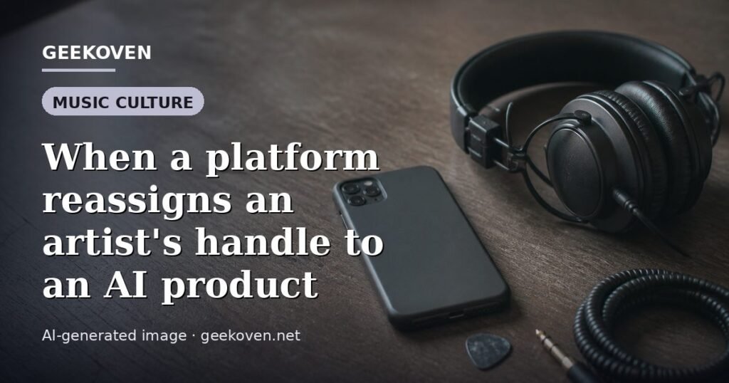 Illustration for the Music Culture article “When a platform reassigns an artist's handle to an AI product”: an AI-generated editorial illustration showing a scene illustrating the subject of the article, with the headline set over it. Illustrative only, not a photograph of a real event.