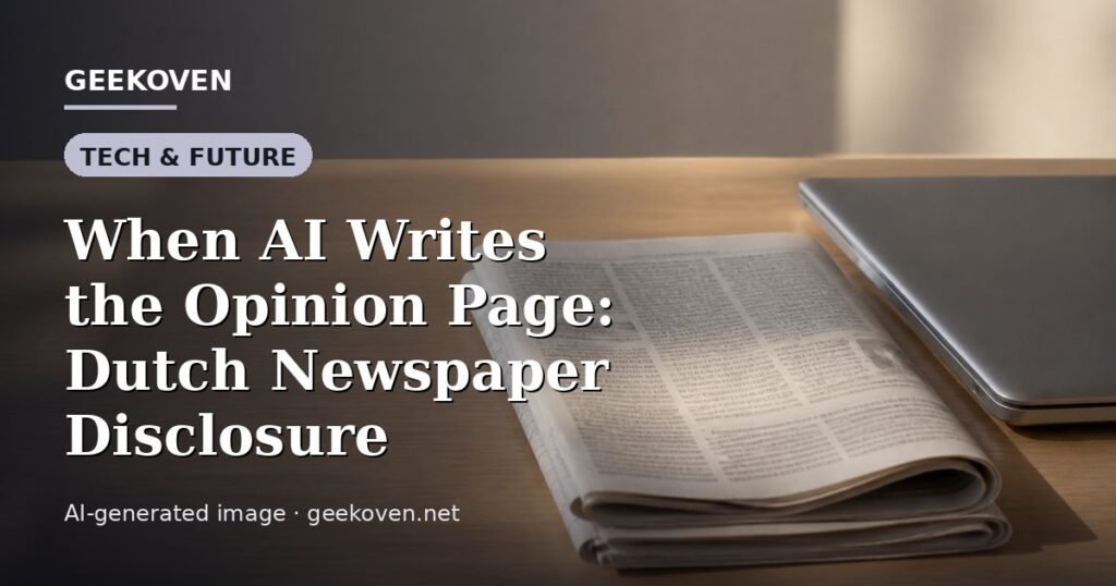 Illustration for the Tech & Future article “When AI Writes the Opinion Page: Dutch Newspaper Disclosure”: an AI-generated editorial illustration showing a scene illustrating the subject of the article, with the headline set over it. Illustrative only, not a photograph of a real event.