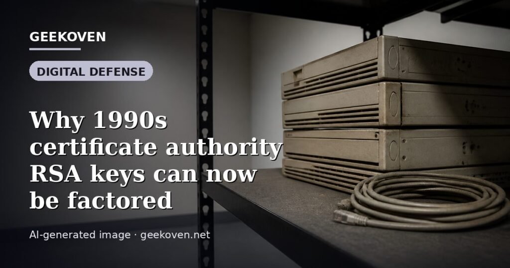 Illustration for the Digital Defense article “Why 1990s certificate authority RSA keys can now be factored”: an AI-generated editorial illustration showing a scene illustrating the subject of the article, with the headline set over it. Illustrative only, not a photograph of a real event.