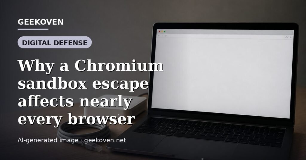 Illustration for the Digital Defense article “Why a Chromium sandbox escape affects nearly every browser”: an AI-generated editorial illustration showing a scene illustrating the subject of the article, with the headline set over it. Illustrative only, not a photograph of a real event.