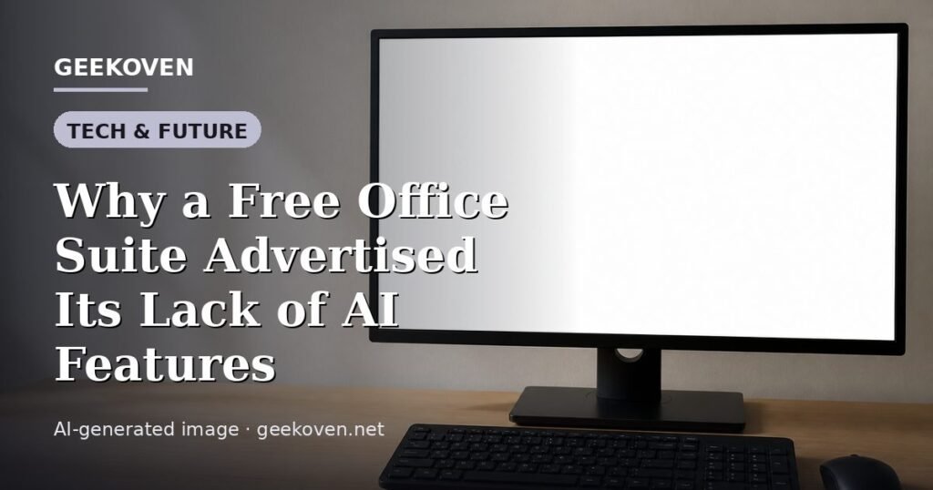 Illustration for the Tech & Future article “Why a Free Office Suite Advertised Its Lack of AI Features”: an AI-generated editorial illustration showing a scene illustrating the subject of the article, with the headline set over it. Illustrative only, not a photograph of a real event.