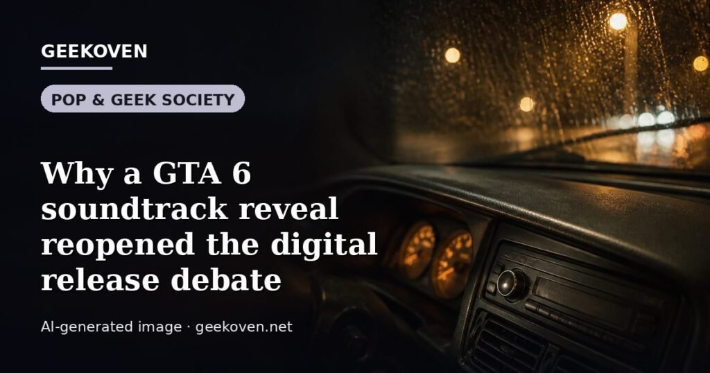 Illustration for the Pop & Geek Society article “Why a GTA 6 soundtrack reveal reopened the digital release debate”: an AI-generated editorial illustration showing a stadium crowd seen from high above, lights arranged in coordinated patterns, with the headline set over it. Illustrative only, not a photograph of a real event.