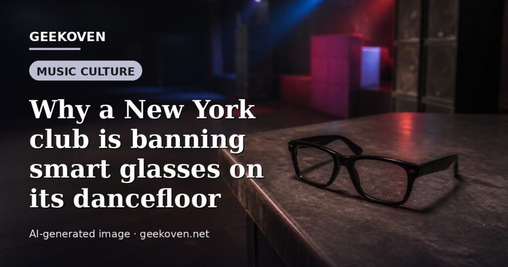 Illustration for the Music Culture article “Why a New York club is banning smart glasses on its dancefloor”: an AI-generated editorial illustration showing a scene illustrating the subject of the article, with the headline set over it. Illustrative only, not a photograph of a real event.