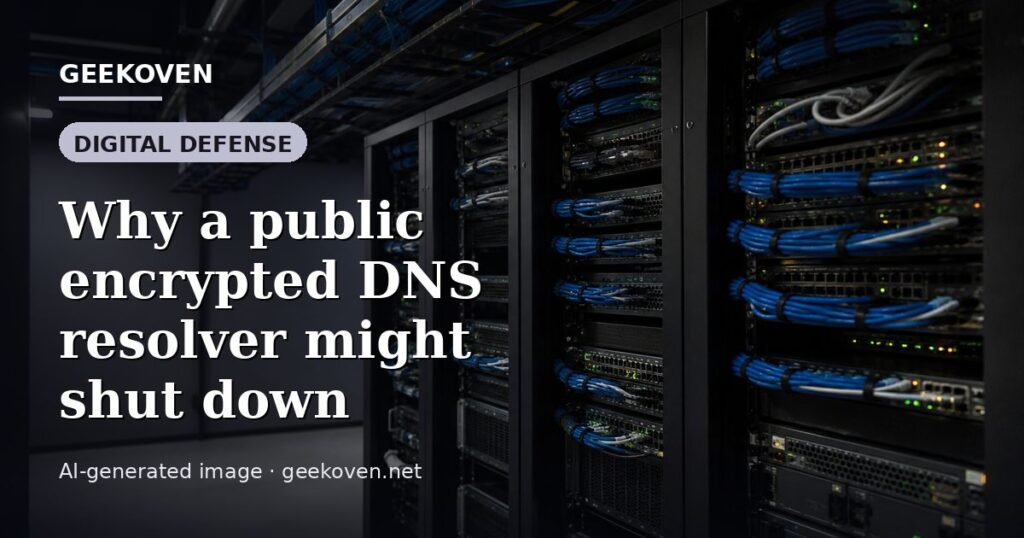 Illustration for the Digital Defense article “Why a public encrypted DNS resolver might shut down”: an AI-generated editorial illustration showing a scene illustrating the subject of the article, with the headline set over it. Illustrative only, not a photograph of a real event.