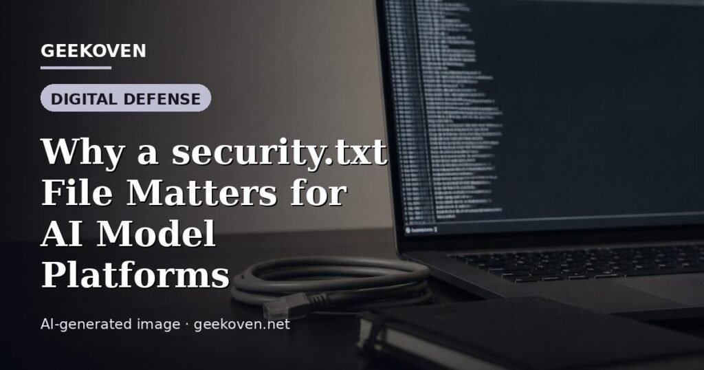 Illustration for the Digital Defense article “Why a security.txt File Matters for AI Model Platforms”: an AI-generated editorial illustration showing a scene illustrating the subject of the article, with the headline set over it. Illustrative only, not a photograph of a real event.