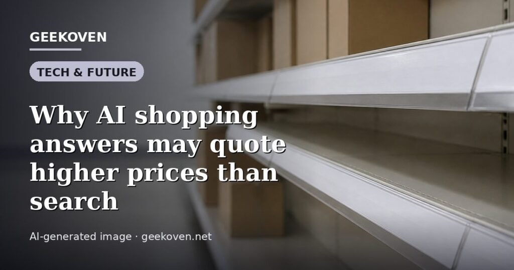 Illustration for the Tech & Future article “Why AI shopping answers may quote higher prices than search”: an AI-generated editorial illustration showing a scene illustrating the subject of the article, with the headline set over it. Illustrative only, not a photograph of a real event.