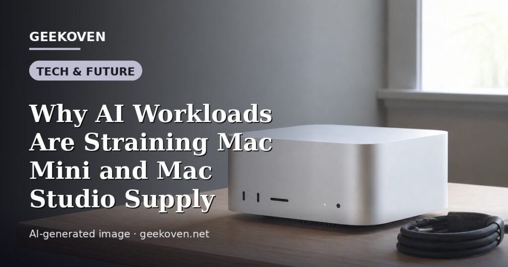 Illustration for the Tech & Future article “Why AI Workloads Are Straining Mac Mini and Mac Studio Supply”: an AI-generated editorial illustration showing a scene illustrating the subject of the article, with the headline set over it. Illustrative only, not a photograph of a real event.