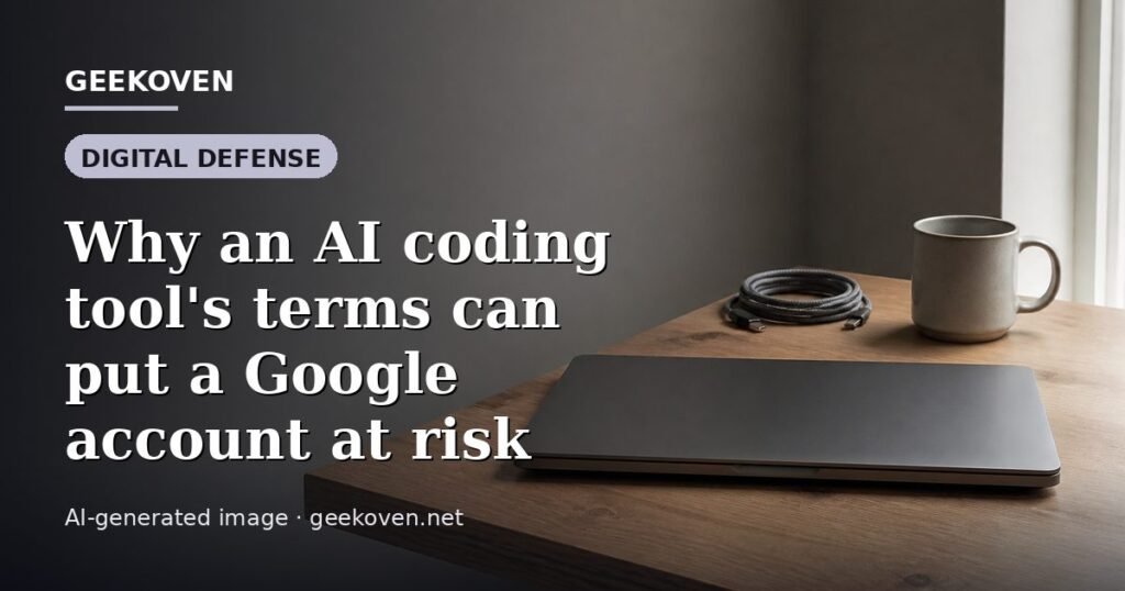 Illustration for the Digital Defense article “Why an AI coding tool's terms can put a Google account at risk”: an AI-generated editorial illustration showing a scene illustrating the subject of the article, with the headline set over it. Illustrative only, not a photograph of a real event.