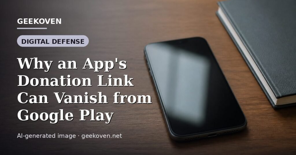 Illustration for the Digital Defense article “Why an App's Donation Link Can Vanish from Google Play”: an AI-generated editorial illustration showing a scene illustrating the subject of the article, with the headline set over it. Illustrative only, not a photograph of a real event.