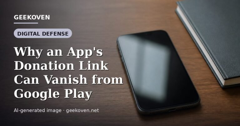 Illustration for the Digital Defense article “Why an App's Donation Link Can Vanish from Google Play”: an AI-generated editorial illustration showing a scene illustrating the subject of the article, with the headline set over it. Illustrative only, not a photograph of a real event.