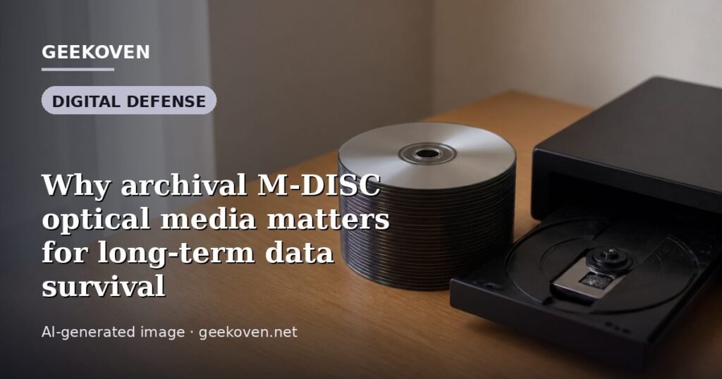 Illustration for the Digital Defense article “Why archival M-DISC optical media matters for long-term data survival”: an AI-generated editorial illustration showing a scene illustrating the subject of the article, with the headline set over it. Illustrative only, not a photograph of a real event.