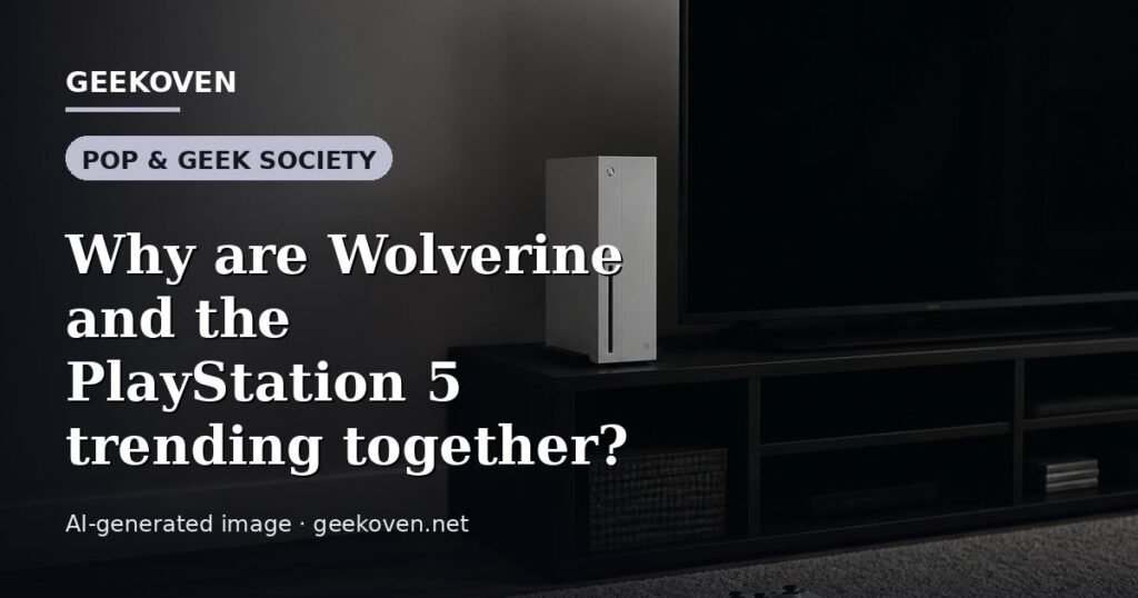 Illustration for the Pop & Geek Society article “Why are Wolverine and the PlayStation 5 trending together?”: an AI-generated editorial illustration showing a studio workspace seen from above, with a production timeline across the wall, with the headline set over it. Illustrative only, not a photograph of a real event.