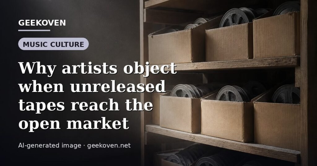 Illustration for the Music Culture article “Why artists object when unreleased tapes reach the open market”: an AI-generated editorial illustration showing a scene illustrating the subject of the article, with the headline set over it. Illustrative only, not a photograph of a real event.