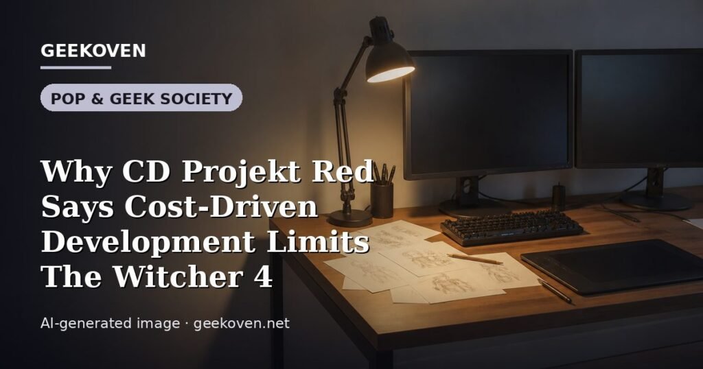 Illustration for the Pop & Geek Society article “Why CD Projekt Red Says Cost-Driven Development Limits The Witcher 4”: an AI-generated editorial illustration showing a studio workspace seen from above, with a production timeline across the wall, with the headline set over it. Illustrative only, not a photograph of a real event.