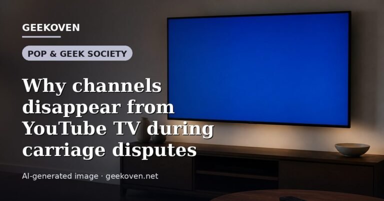 Illustration for the Pop & Geek Society article “Why channels disappear from YouTube TV during carriage disputes”: an AI-generated editorial illustration showing a stadium crowd seen from high above, lights arranged in coordinated patterns, with the headline set over it. Illustrative only, not a photograph of a real event.