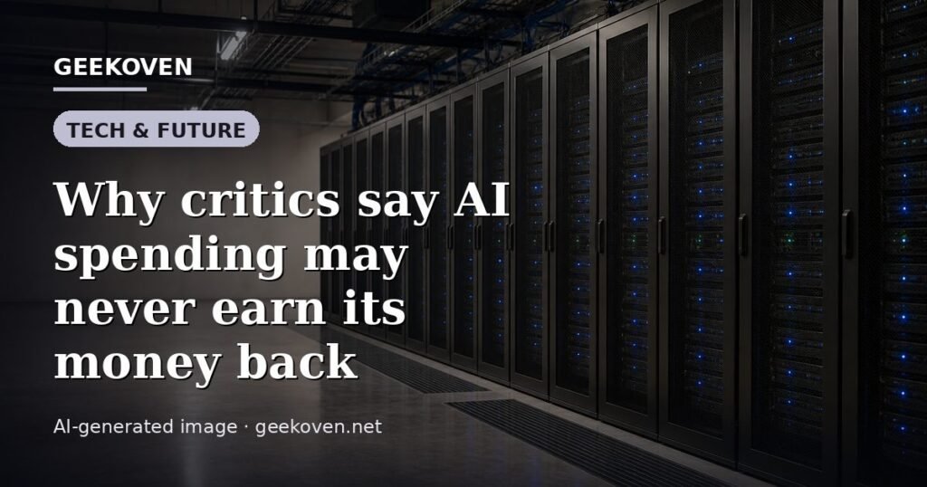 Illustration for the Tech & Future article “Why critics say AI spending may never earn its money back”: an AI-generated editorial illustration showing a server hall with long rows of equipment cabinets and power infrastructure, with the headline set over it. Illustrative only, not a photograph of a real event.