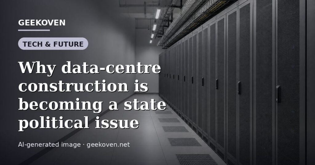 Illustration for the Tech & Future article “Why data-centre construction is becoming a state political issue”: an AI-generated editorial illustration showing a server hall with long rows of equipment cabinets and power infrastructure, with the headline set over it. Illustrative only, not a photograph of a real event.