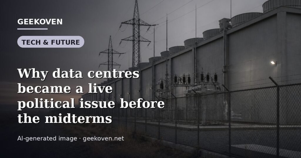 Illustration for the Tech & Future article “Why data centres became a live political issue before the midterms”: an AI-generated editorial illustration showing a server hall with long rows of equipment cabinets and power infrastructure, with the headline set over it. Illustrative only, not a photograph of a real event.